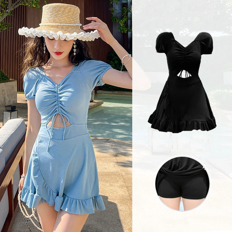 

Women Lovely Swim Dresses Black Pleated Swimdress Swimsuit Short Sleeves Padded One Piece Swimwear With Shorts Bathing Suits New