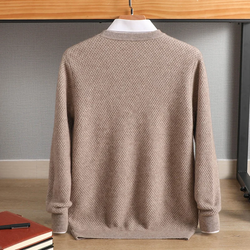 100% Cashmere Sweater Men's O-Neck Honeycomb Pullover Autumn Winter New Knit Sweater Korean Fashion Large Size Sweater