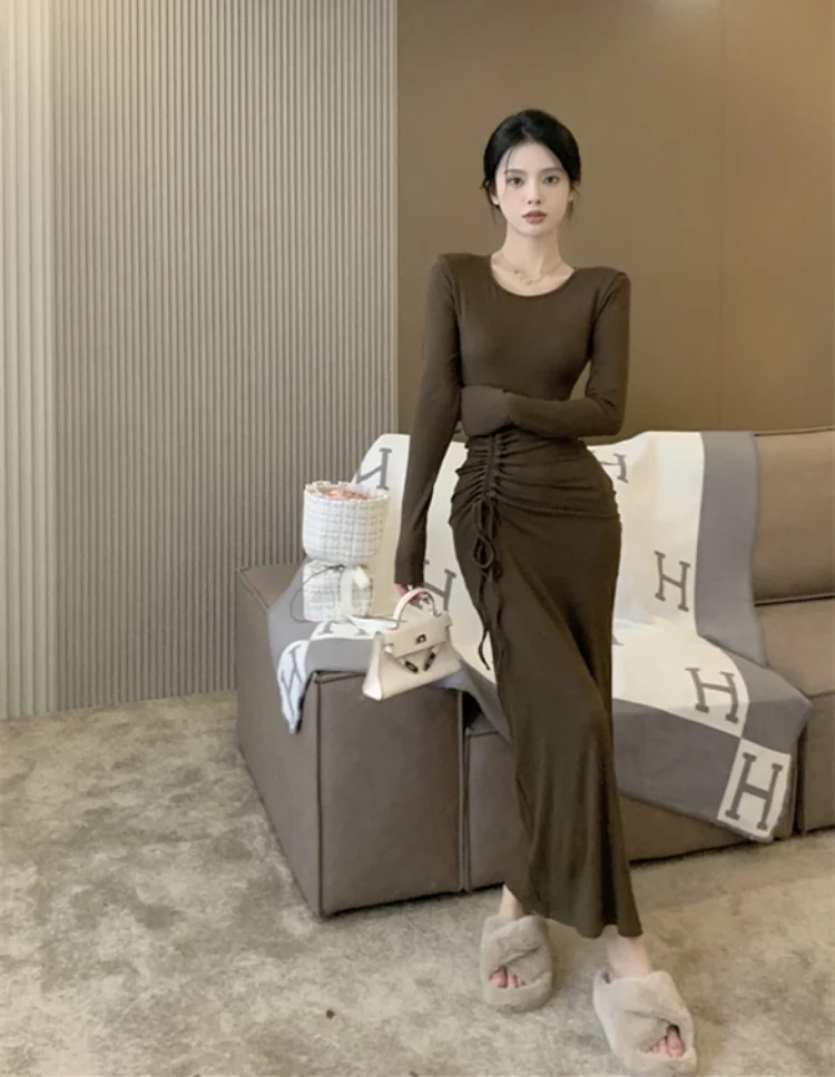 

Платье Korobov с круглым вырезом и длинными рукавами, Женская весенняя одежда, Y2k, платья на шнуровке, однотонные платья