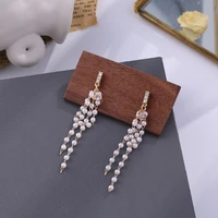 elegant long tassel simulated pearl drop earrings for women simple romantic wedding dangle earings rhinestone jewelry