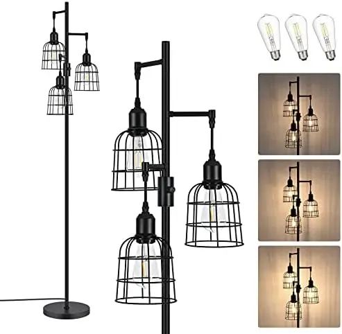 

Dimmable Floor Lamp, 3 LED Edison Bulbs Included, Industrial Tree Standing Lamp for Living Room, 3 Metal Birdcage Lampshade, Rus