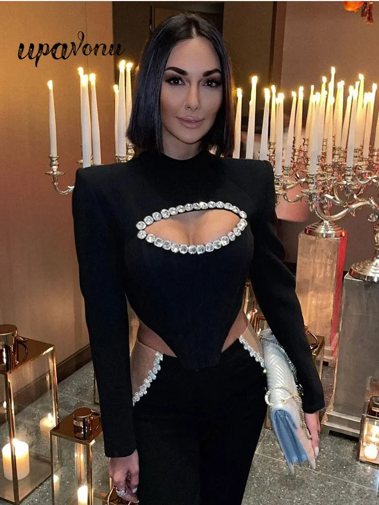 

Women's Sexy Diamond Bandage Dress 2022 Summer Stand up Collar Long Sleeve Bodycon Hollow out Design Mini Dress Party Vestidos