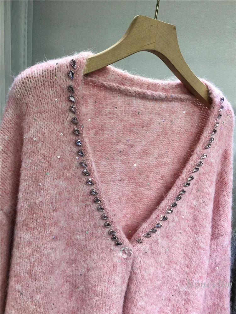 Европейский свитер с бисером для тяжелой промышленности кардиган большой размер