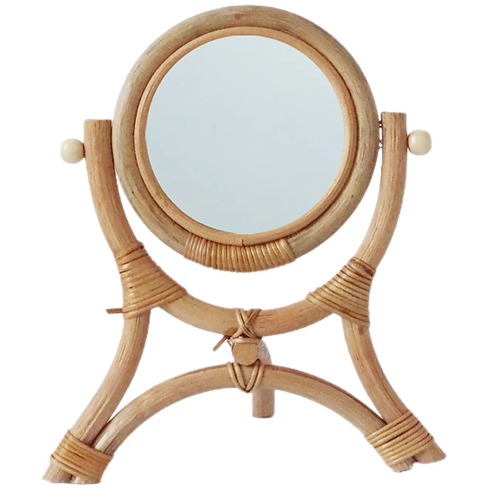 

Bedroom Desk Mirror Rotation Makeup Women Girls Vanity Mirrors Table Rattan Rack