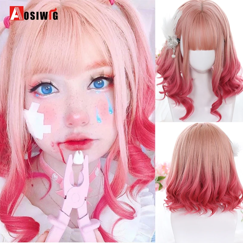 

Aosiwig Synthetic Lolita Wig Short Cosplay Anime Curly Natural Hair Costume Bob Blonde Pink Wigs With Bangs For Women Female