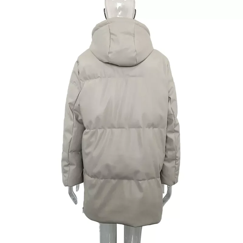 2022New Loose Hooded Parkas Women Fashion Beige PU Leather Coats Women Side Zipper Split Long Cotton Jackets Ladies