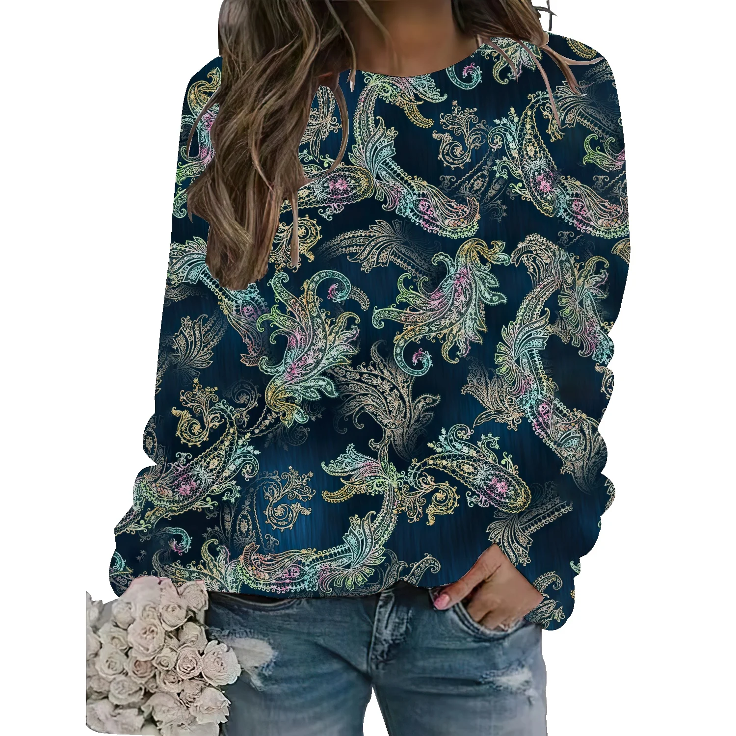 

Женский свитер с круглым вырезом, Свободный пуловер в американском ретро-стиле с принтом пейсли, Осень-зима 2022