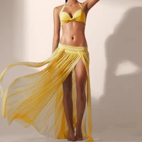2022 new women swimwear bikini set cover up solid color stretchy net yarn semi sheer slit cover up skirt for vacation