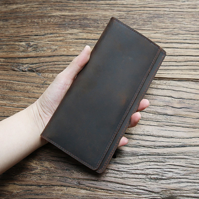 Genuine Leather Wallet For Men Vintage Crazy Horse Long Bifold Slim Men's Purse Checkbook Wallet Cash With ID Window Card Holder