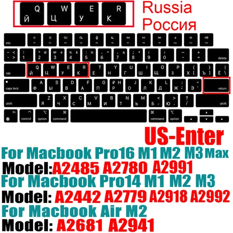 ЕС/США раскладка RU ES FR Клавиатура крышка для MacBook 2023 M3 Pro14 A2918 A2992 A2779 & Pro 16 A2991 A2780 A2485 Air 15/13 "A2941 A2681