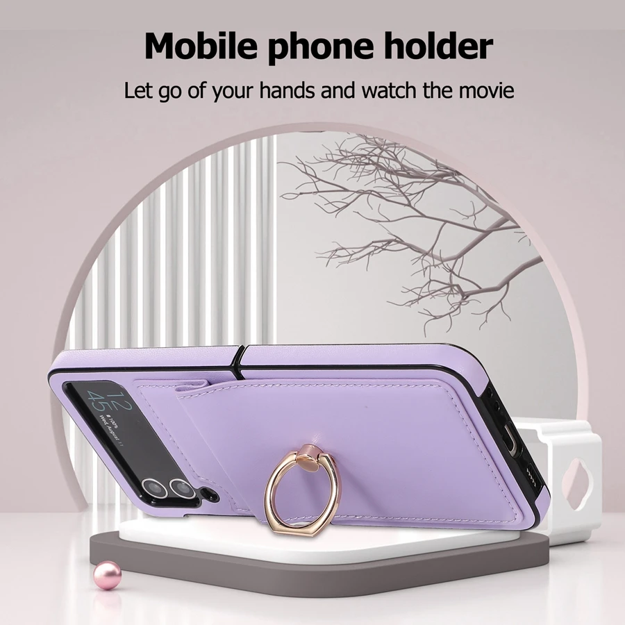Fashion Fold Solid Ring Leather Case For Samsung Galaxy Z Flip5 Z Flip4 Z Flip3 Anti-drop Protective Sleeve Z Flip 5 Cover Shell