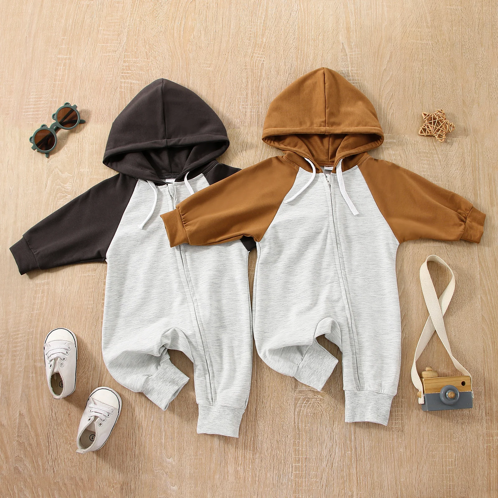 

Autumn Newborn Baby Boys Girls Rompers 0-24M Contrast Color Long Sleeve Zipper Hooded Jumpsuits Playsuits Long Pants Overalls