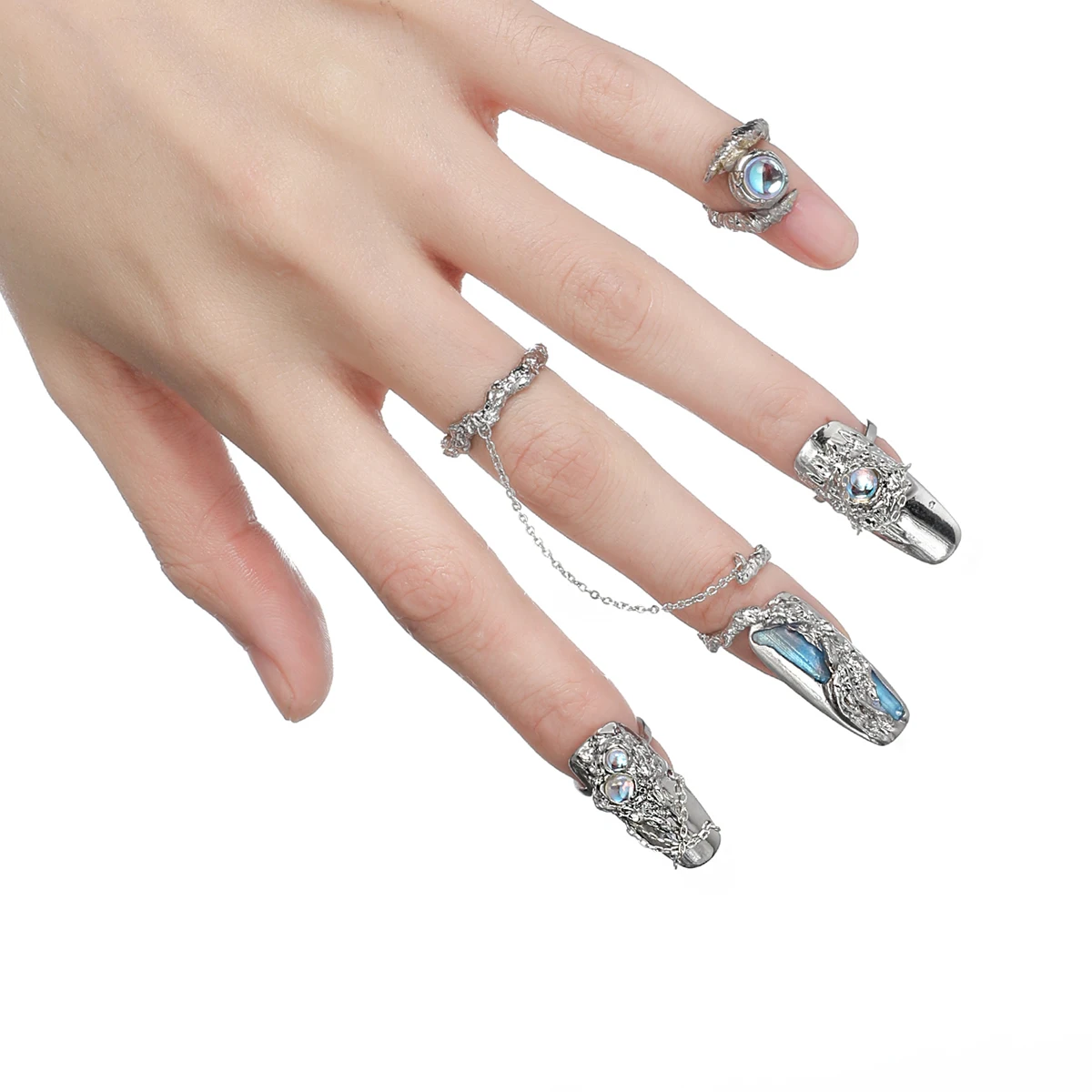 2022 New Ring Nail Armor Y2K Blue Dripping Oil Enamel Rhinestones moonstone Geometry Punk Metal Rings for Women Men jewelry images - 6