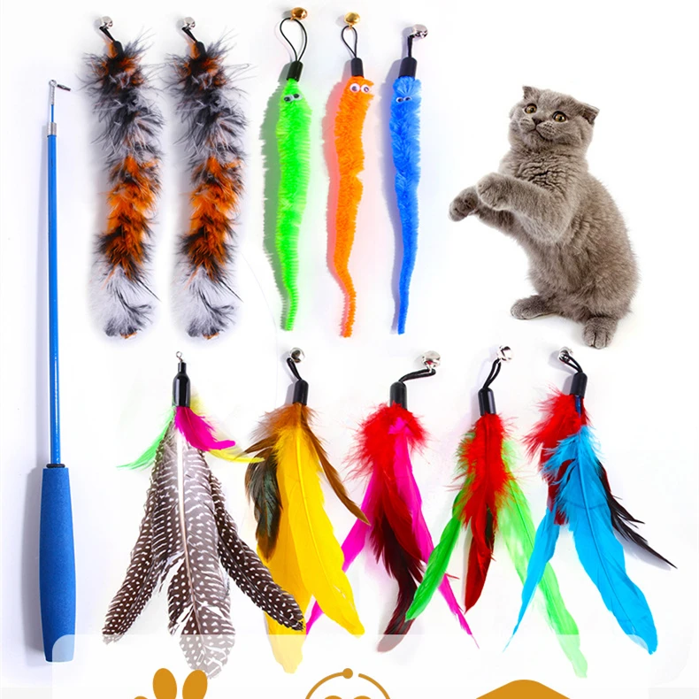 

11pcs/set cat toys Feather Teaser Stick Wand Pet Retractable Feather Bell Refill Replacement Catcher Product for Kitten cat toy