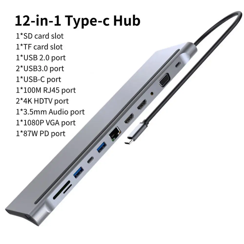 

Концентратор типа C 12 в 1 Thunderbolt 3, концентратор с портом USB C для передачи данных, 87 Вт PD, 4K HDMI 1080P VGA , USB-C Ethernet,3 USB 3,0/2,0, аудио/микрофон