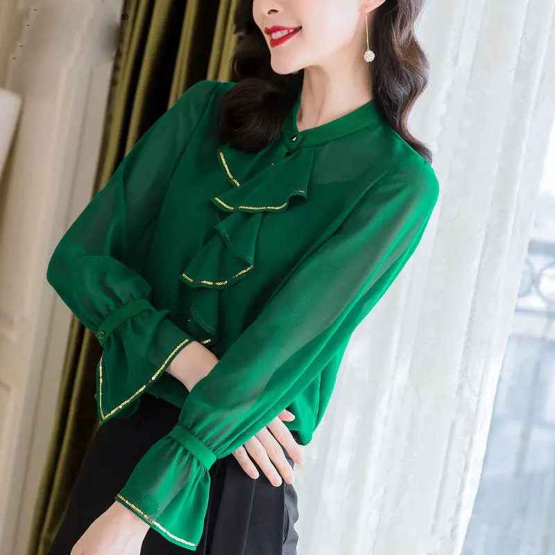 

Commute Fashion Sequined Blouse Long Sleeve 2023 Spring Autumn Ruffles Spliced Female Clothing Single-breasted Round Neck Shirt