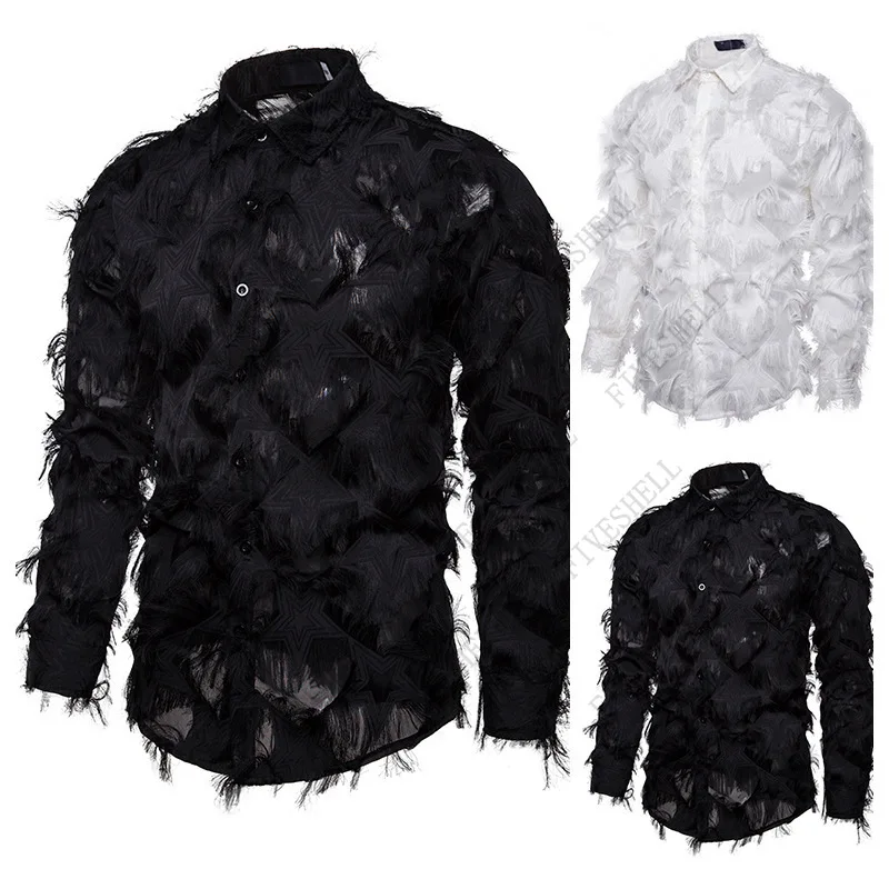 2023 Black Feather Long Sleeve Shirt Men Fashion Stage Singer Clubwear Sexy Shirts Mens Event Party Prom Shirt Chemise Homme XXL