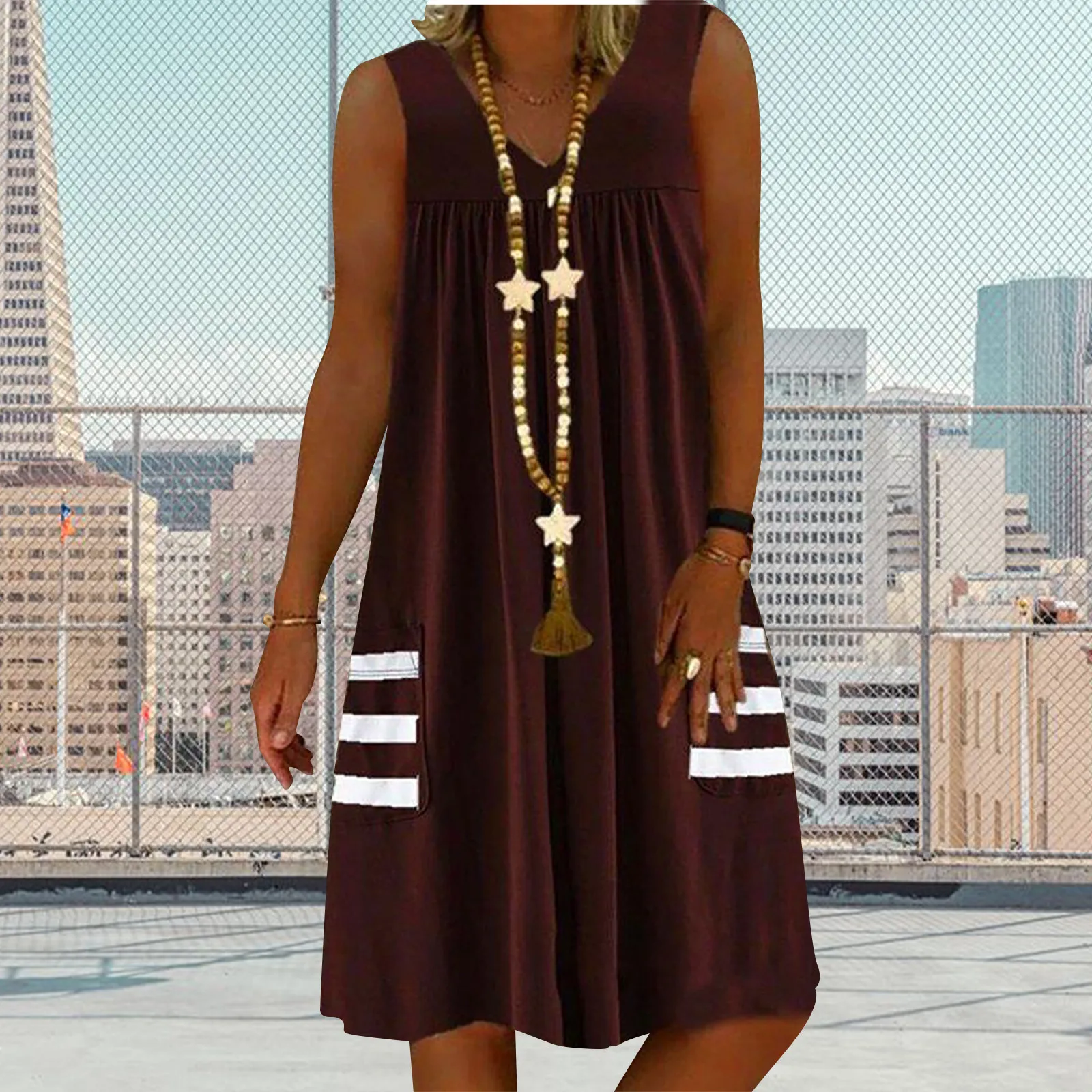 

Платье без рукавов с карманами, женское повседневное модное платье-пуловер, женское платье в полоску