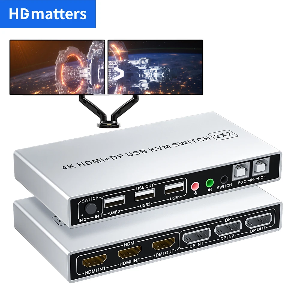 Двойной монитор HDMI DisplayPort KVM Switch 4K 60 Гц 2X2 смешанные входы DP переключатель 2