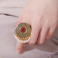 vintage big gold color rings women engraved red flower pattern retro bells party female finger ring wedding indian jewelry