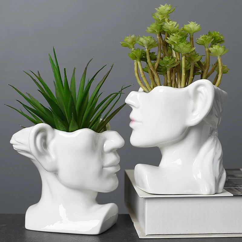 Body Art Ceramic Flower Pot Creative Plant Succulent Flower Pot Crafts Home Decoration Roman Style Abstract Statue of Human Head