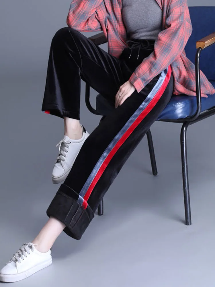 Женские утепленные мешковатые прямые брюки зимние теплые полосатые бархатные