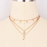 women retro round beads full diamond star moon multi layer necklace clavicle chain accessories