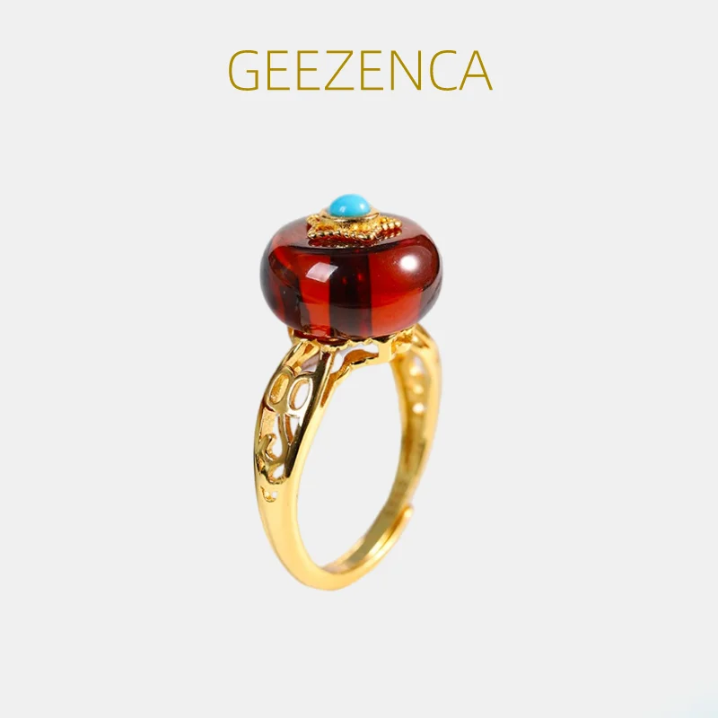 

GEEZENCA 925 Sterling Silver Gold Plated Natural Red Amber Ring For Women Turquoise Star Resizable Rings Jewelry Party Gift