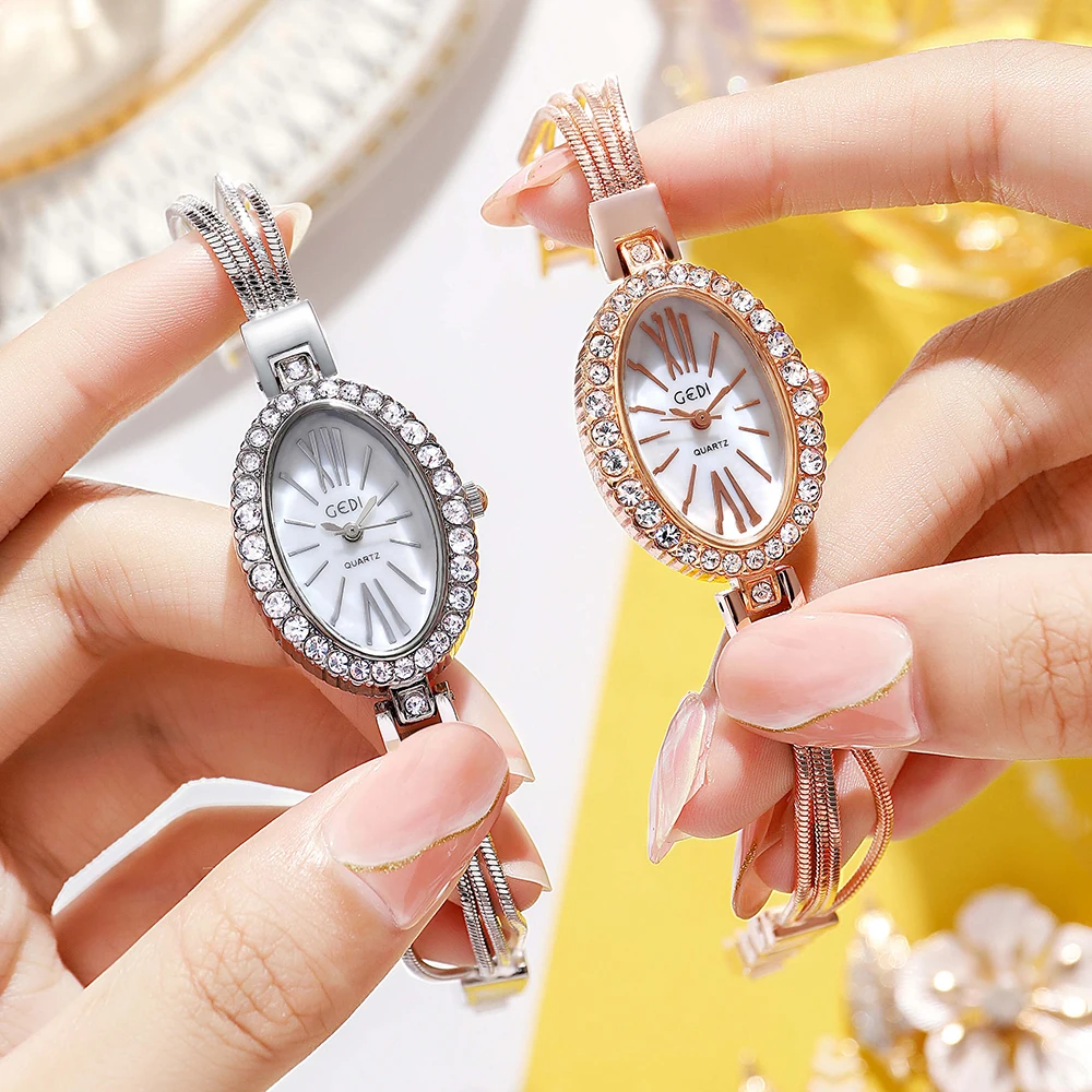 GEDI Luxury Oval Full Diamond Ladies Watches Waterproof Fashion Rose Gold Stainless Steel Bracelet Watch for Women Quartz Clock
