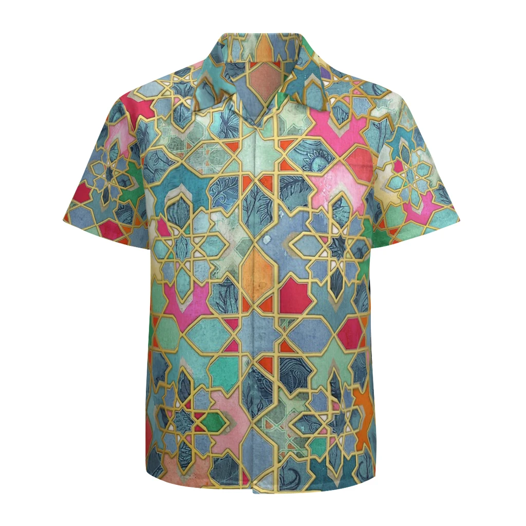 

Design Art Newest Hawaii Shirt for Men Gilt Glory Colorful Moroccan Mosaic Square Collar 3D Shirt Personalize Gift Clothes Tops