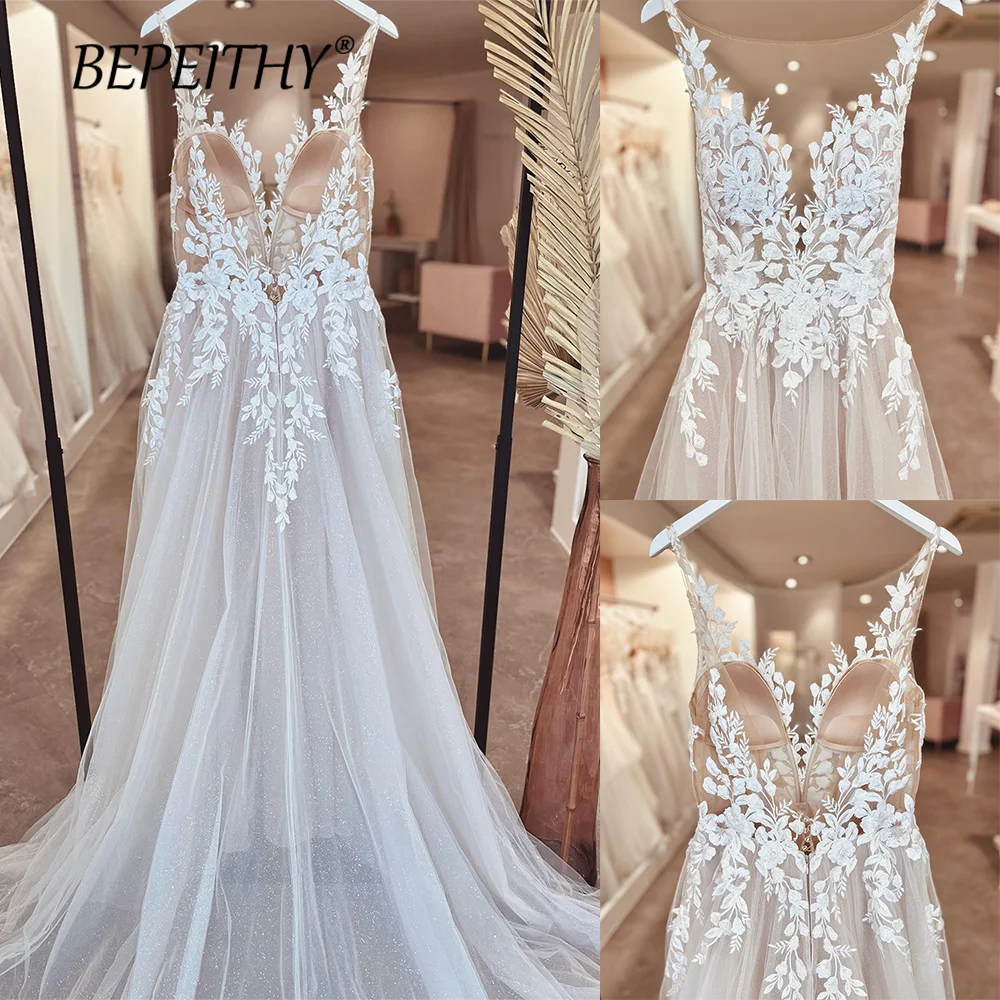 

Tulle Scoop Neckline Sleeveless Bridal Gown 2023 Fashion A Line Boho Wedding Dress Light Champagne Appliques Vestido De Novia