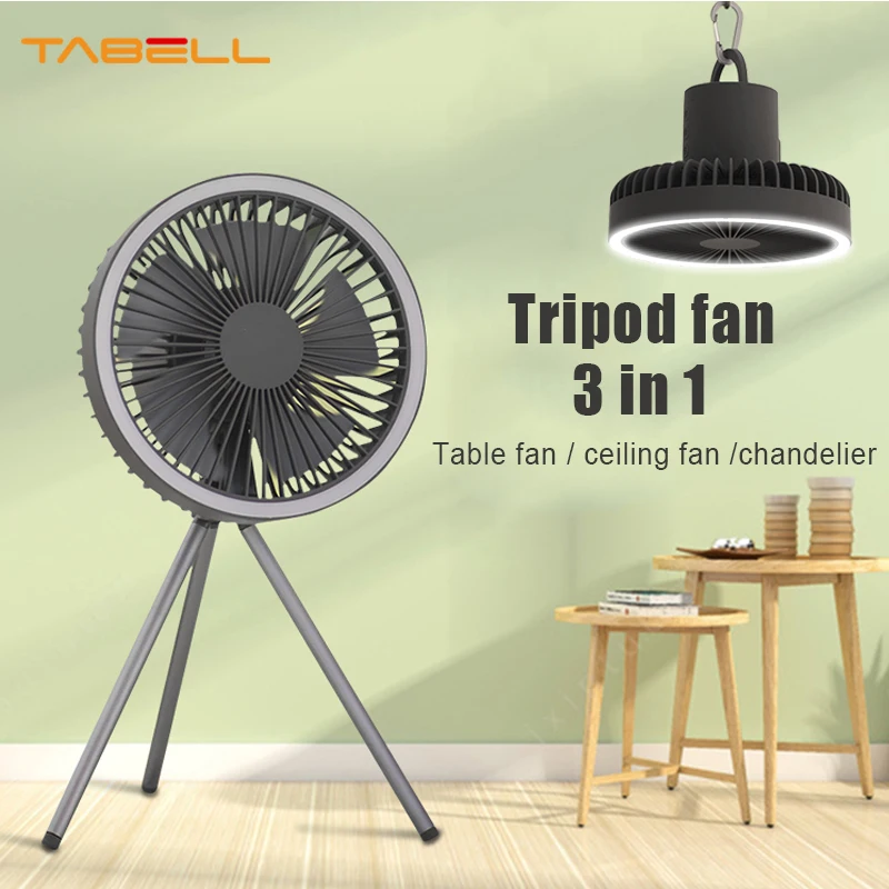 

TABELL Multifunctional Fan USB Rechargeable Portable Outdoor Tripod Fans Camping Ceiling Mini Fan Desktop with Led Night Light