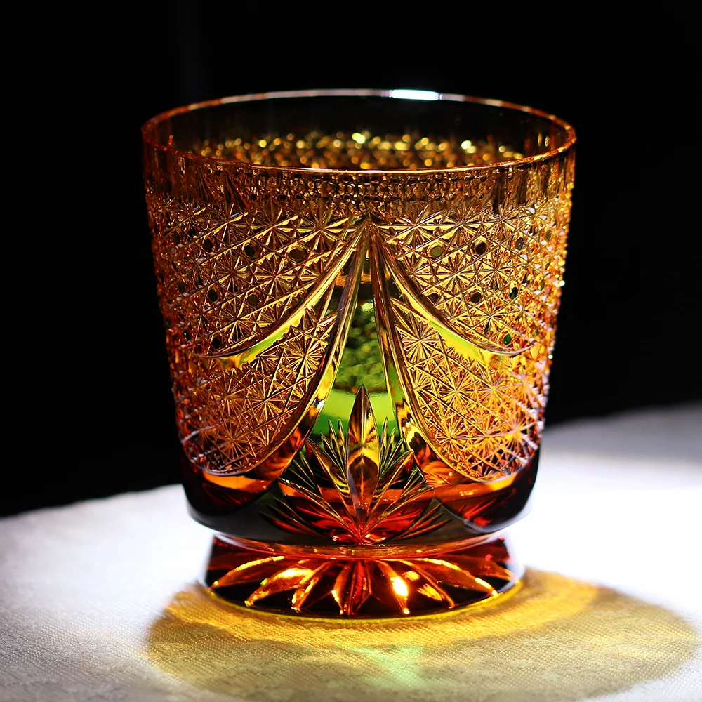 Фото Японский стакан для виски Amber Green 24% Lead Crystal Hand Cut Edo Kiriko, 330 мл, ручной работы, для крепких напитков и напитков в японском стиле №3