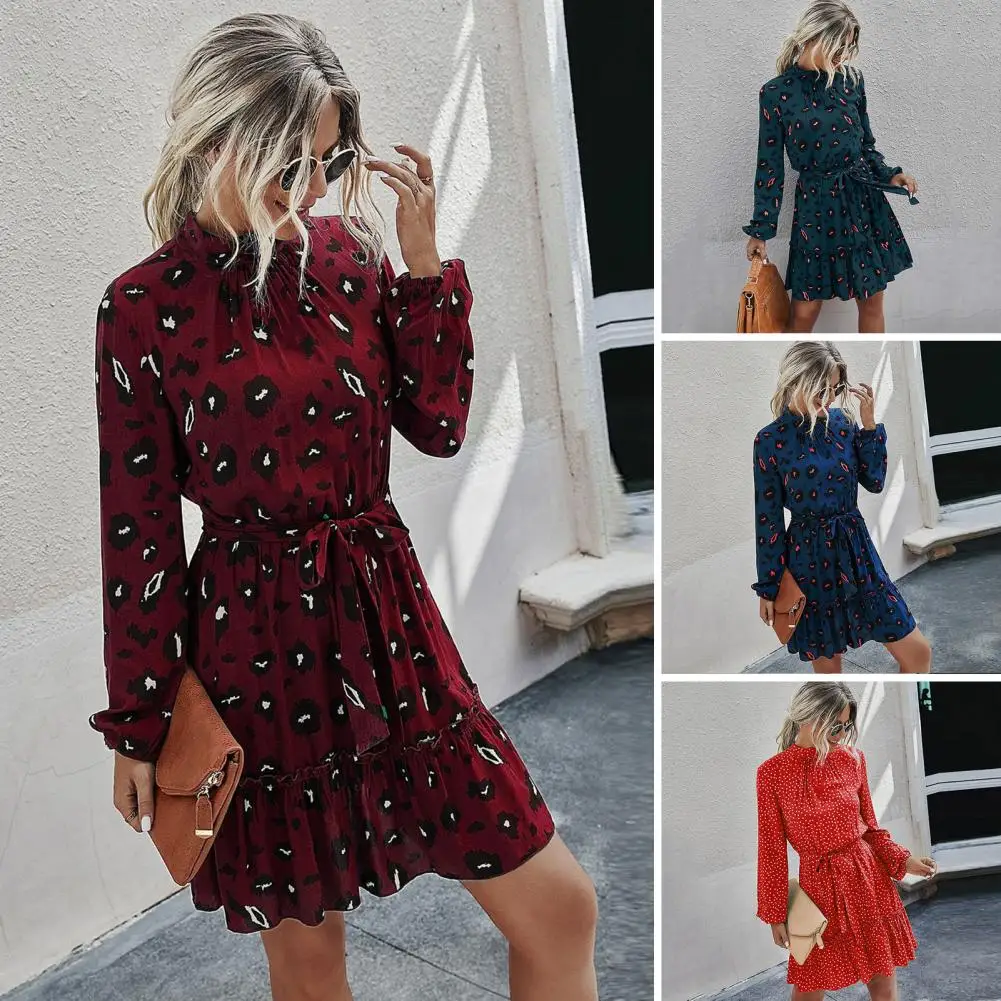

Женское мини-платье с принтом, дышащее платье, элегантное осеннее платье-трапеция, со шнуровкой, воротником-стойкой и большим подолом для женщин, женское платье с тонкой талией
