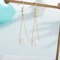 simple triangle long earrings with pearl 585 rose gold korean fashion pearl earrings for women 2022 wholesale jewelry gift