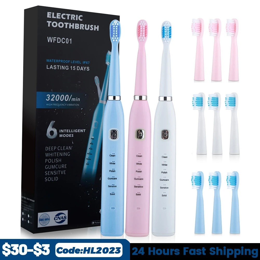 

Ультразвуковая электрическая зубная щетка для взрослых с таймером, 6 режимов, зарядное устройство USB, перезаряжаемый Набор Сменные головки ...