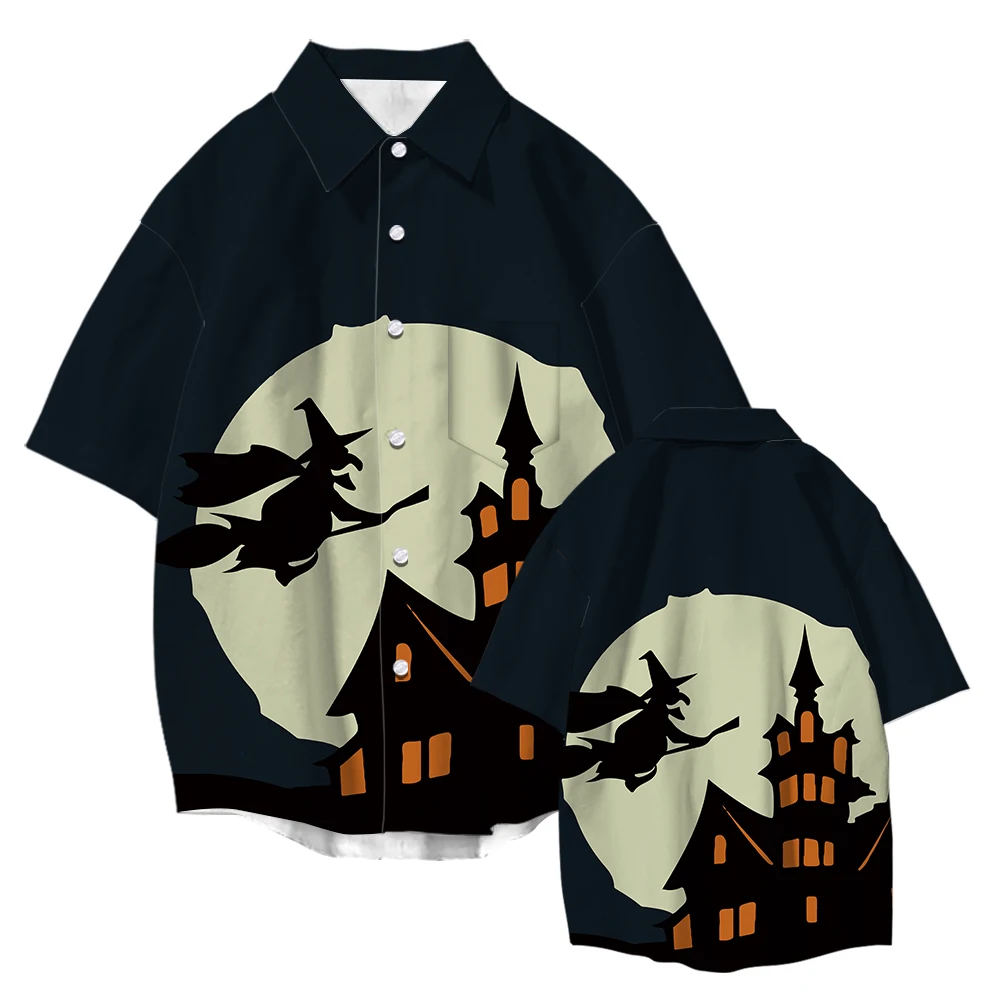 Men Vintage Shirts 2022 Summer New Hawaiian Short Sleeve Tops Halloween Witch Cartoon Printed Beach Casual Oversized Clothing