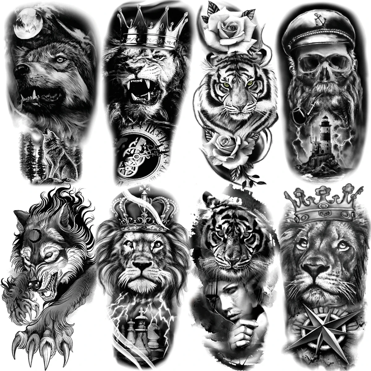 

Realistic Lion Wolf Tiger Temporary Tattoos For Men Adult Rose Flower Crown Compass Pirate Fake Tattoo Body Art Washable Tatoos