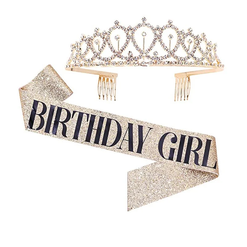 

Rhinestone Crystal Crown Tiara Birthday Anniversary Decoration Happy 18 21 30 40 Th Birthday Satin Sash Party Supplies Wholesale