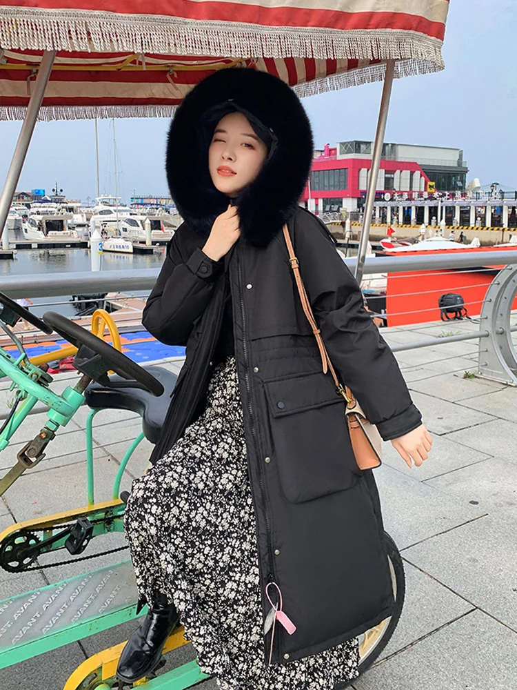 AOSSVIAO Winter Women Long Jacket Large Natural Fur Collar Hooded Parkas 91% White Duck Down Coat Thickness Snow Warm Outwear