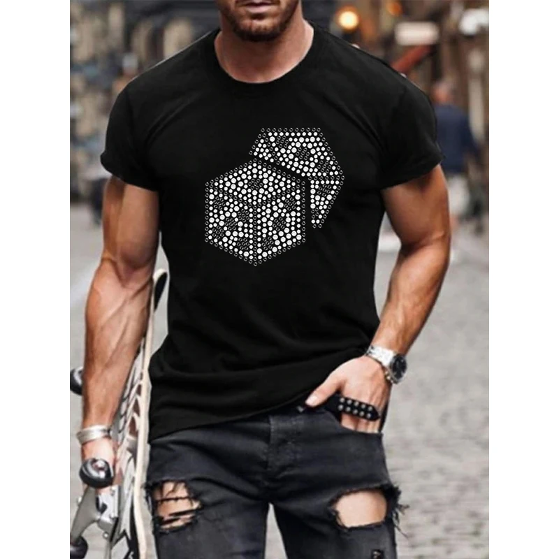 

Men's Fashion Oversized T-Shirts Dice Hot Drill Tee Tops Short Sleeve O-Neck Rhinestone Party Men Clothing Tshirt Y2K Quality