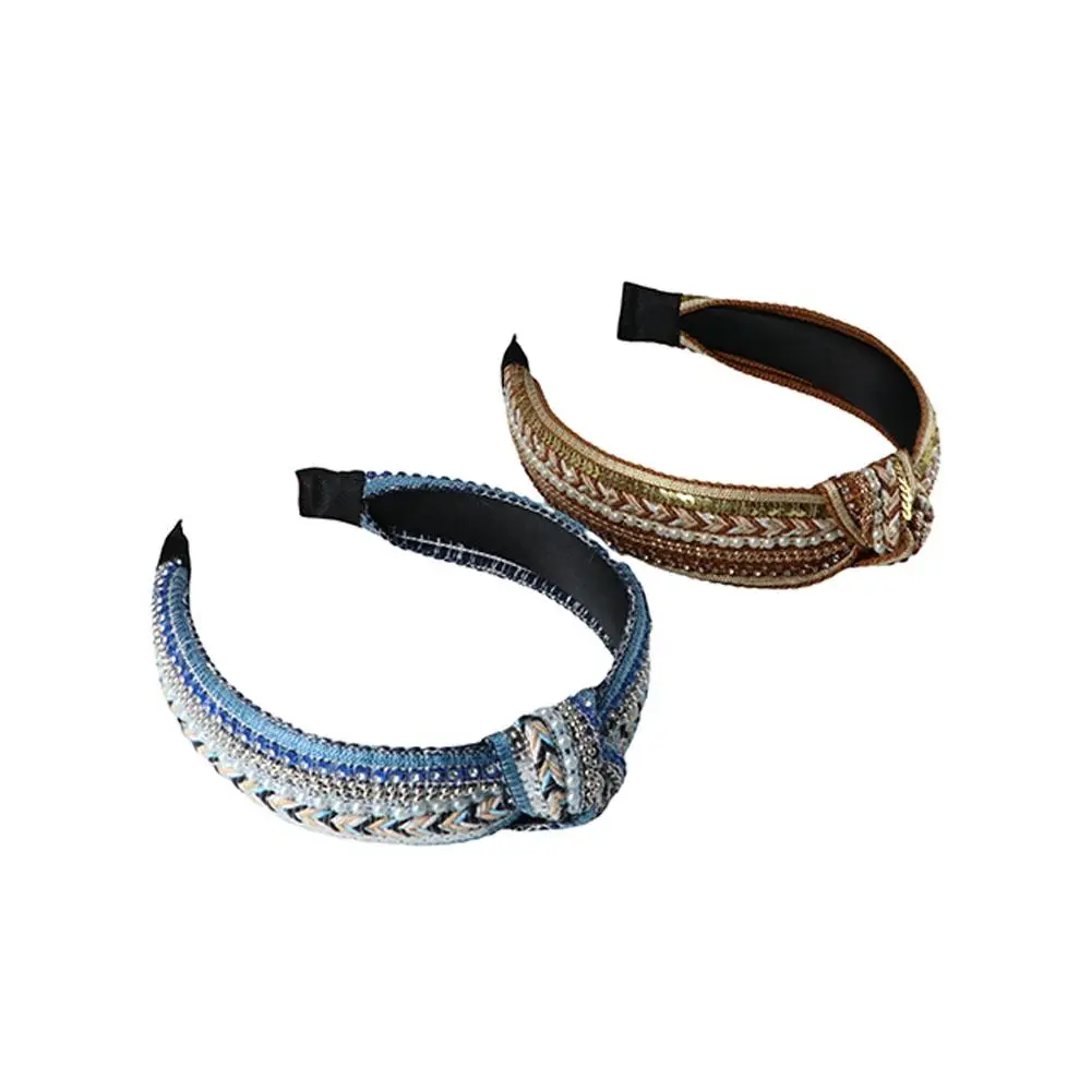 Элегантный дикий широкий завязанный тканевый обруч для волос с кристаллами и