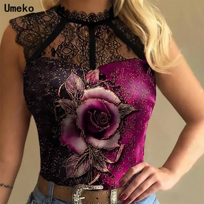 

2023NEW Women Sexy Lace Mesh T-Shirt Sleeveless Crew Neck Collar See-through Tops Spring Fashion Rose Flower Office Tops Shirts