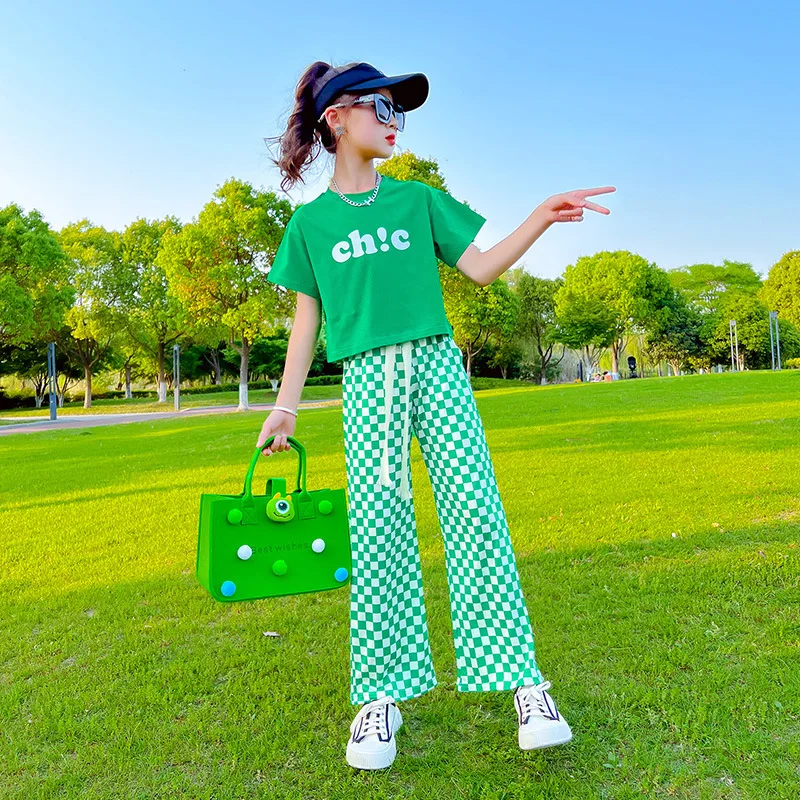

2022 summer Girl Baby Clothes Short Sleeve T shirt crop Tops + checked Bottoms pants 2pcs Outfits Suits 10 12 13 14 15 16 Years