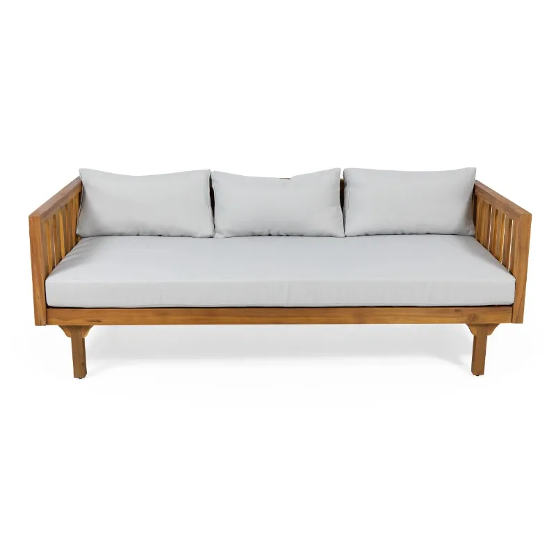 

Noble House Lainey Outdoor 3-Seater Acacia Wood Daybed, Teak, Light Gray