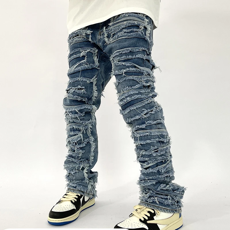 Retro Hole Ripped Distressed Jeans for Men Straight Washed Harajuku Hip Hop Loose Denim Trousers Vibe Style Casual Jean Pants