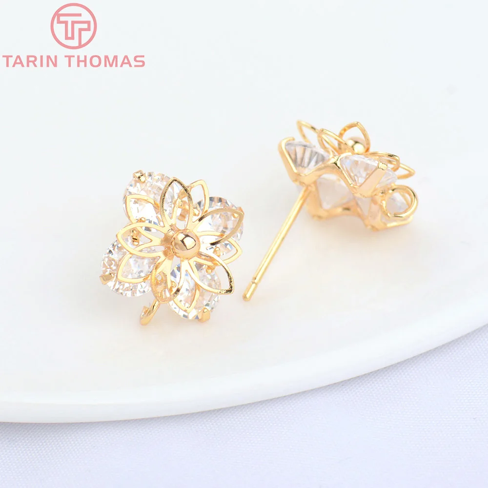 

(4925)2PCS 11MM 24K Gold Color Plated Brass with Zircon Flower Shape Stud Earrings High Quality Diy Jewelry Findings Accessories