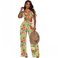 casual pants suit bohemian sexy womens dashiki wrapped chest topstraight pants slim two piece suit spring beach swimsuit suit