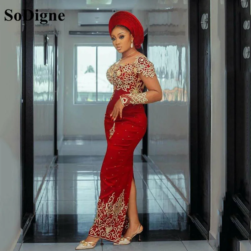 SoDigne Mermaid Red Evening Dress Short Sleeve African Gold Lace Appliques Arabic Formal Prom Party Gown 2022