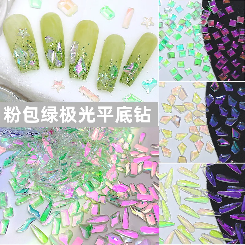 

50PCS Glitter Mix Shapes Aurora Colorful Pink Coated Green Flatback Diamonds Glass Nail Art Rhinestones Jewel Manicure Ornments